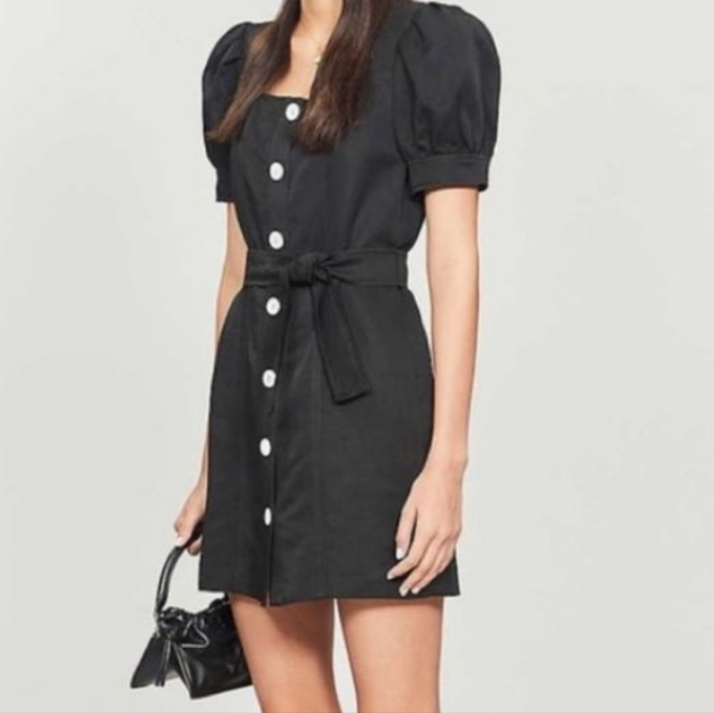 Sandro Paris Fira Puff Sleeve Mini Belted Black Dress With Large White Buttons